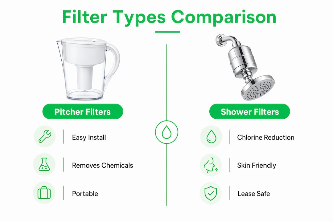 Infographic comparing pitcher and shower portable filters