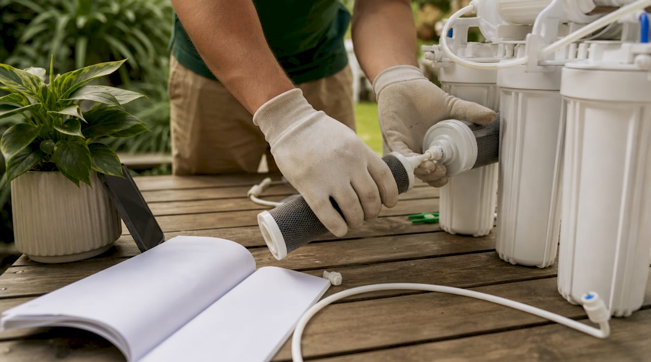 Overhead hands assembling home water filter system