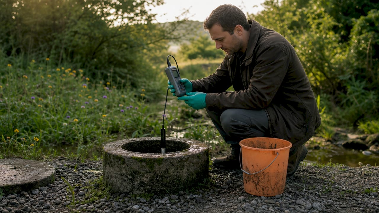 Hands testing water quality at rural well