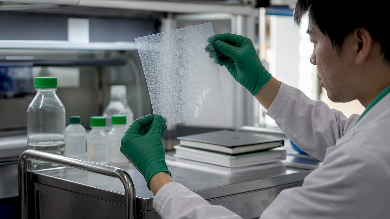 Hands holding microfiltration membrane in lab