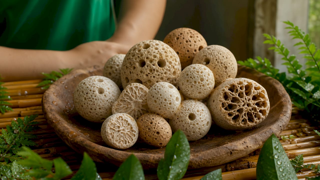 Close-up porous ceramic filtration balls on plate with leaf
