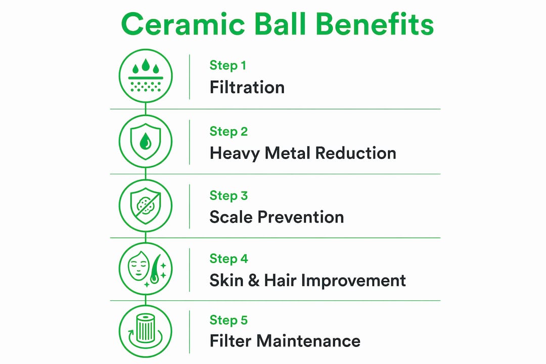 Infographic illustrating benefits and steps of ceramic filtration balls