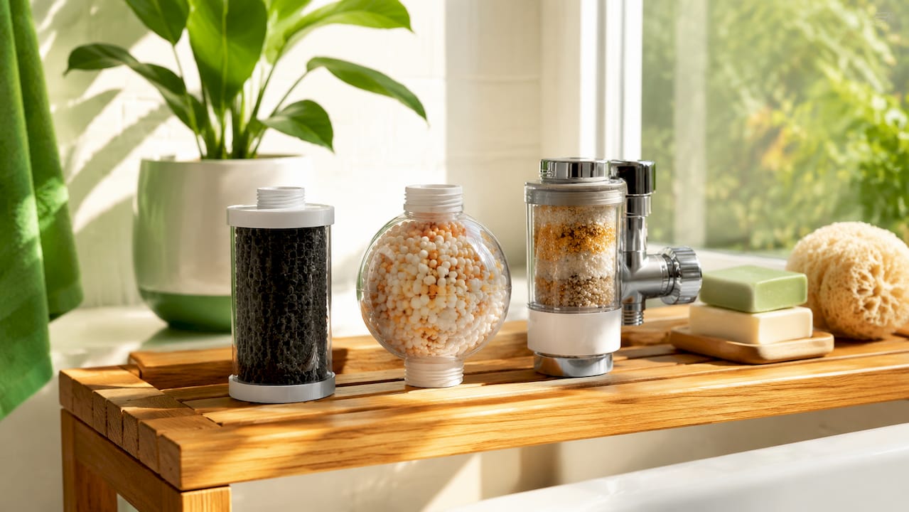 Different bath water filter types on countertop