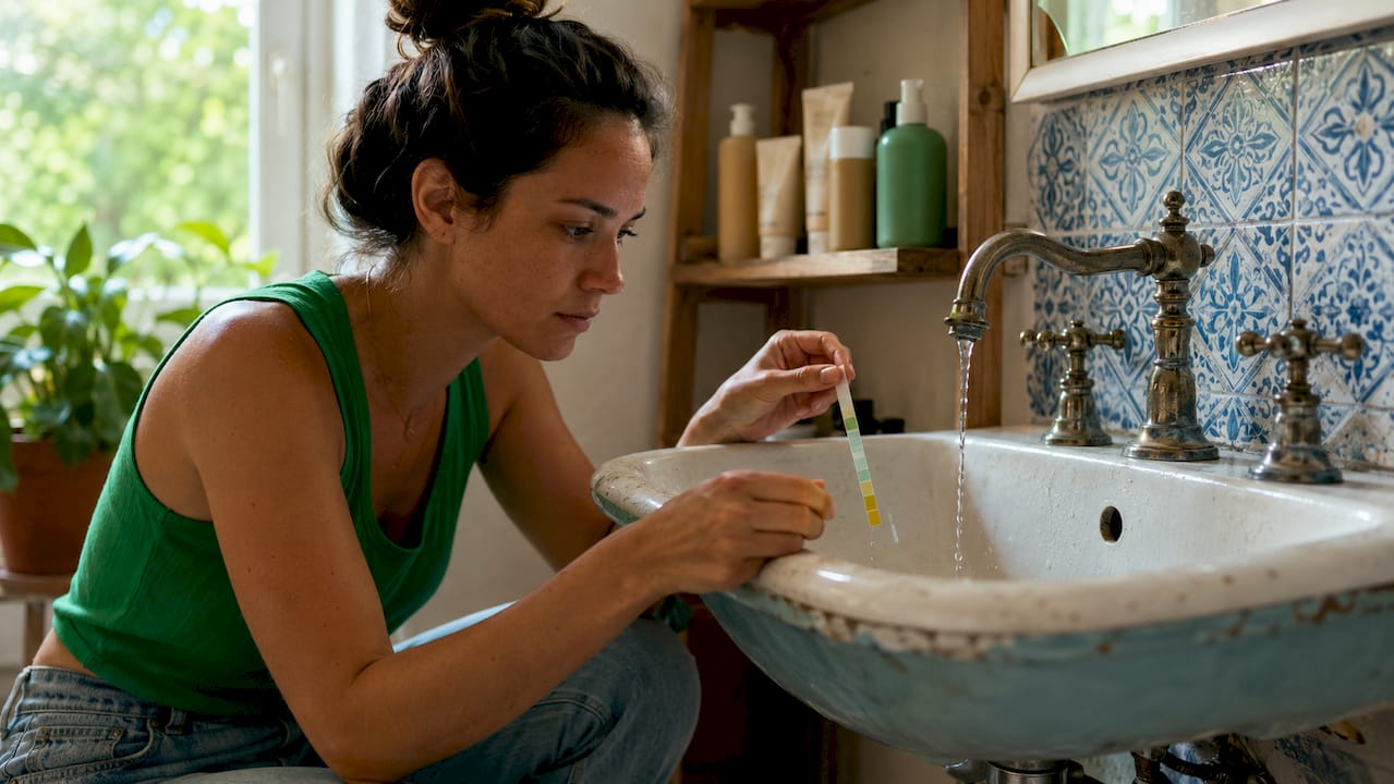 Hands testing hard water with color strip near faucet