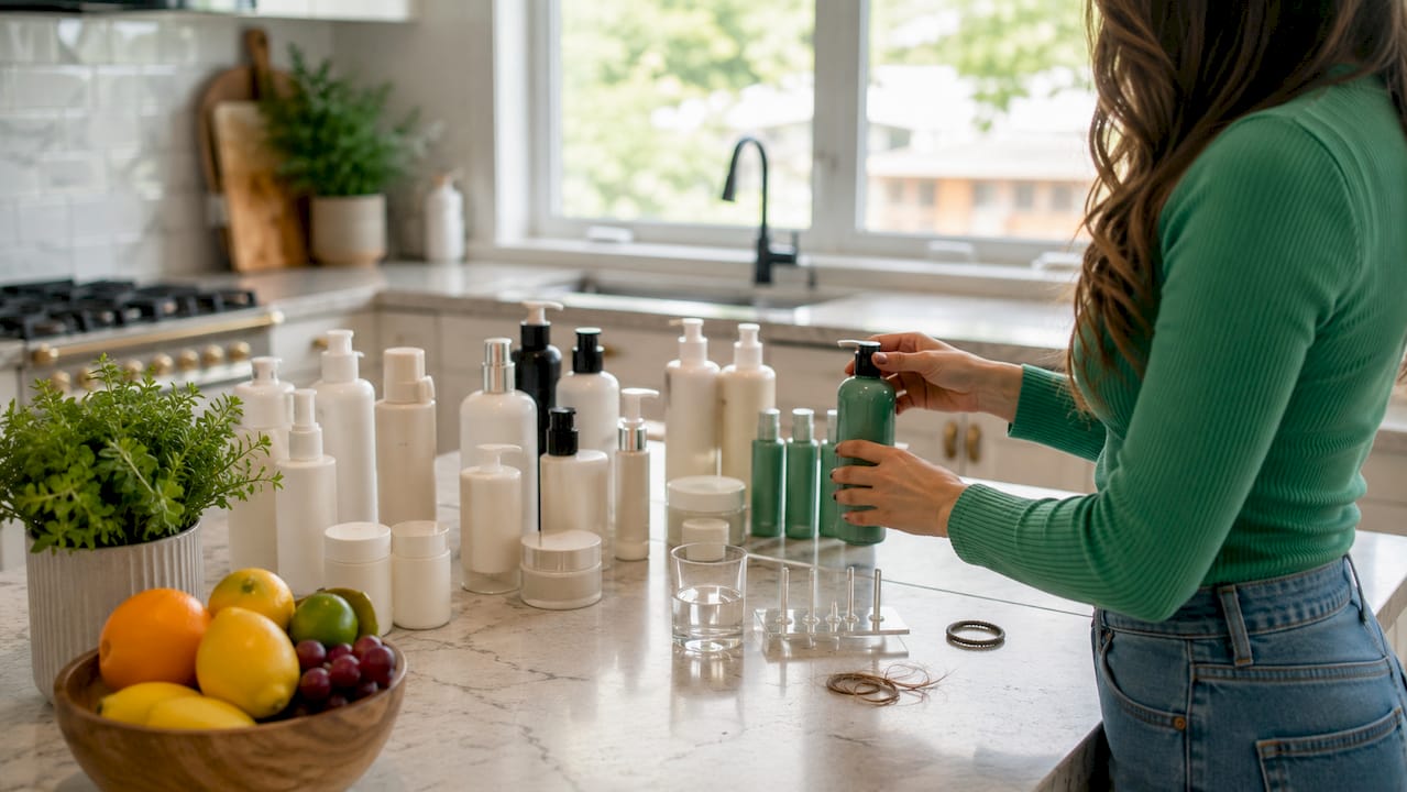 Hands choosing hair care products on table