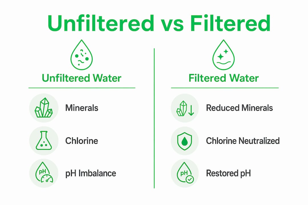 Infographic comparing unfiltered and filtered water effects on skin