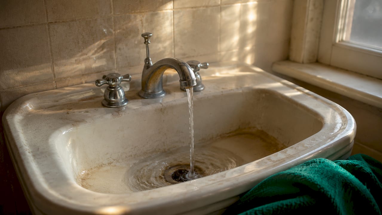 Soap scum and mineral deposits in sink