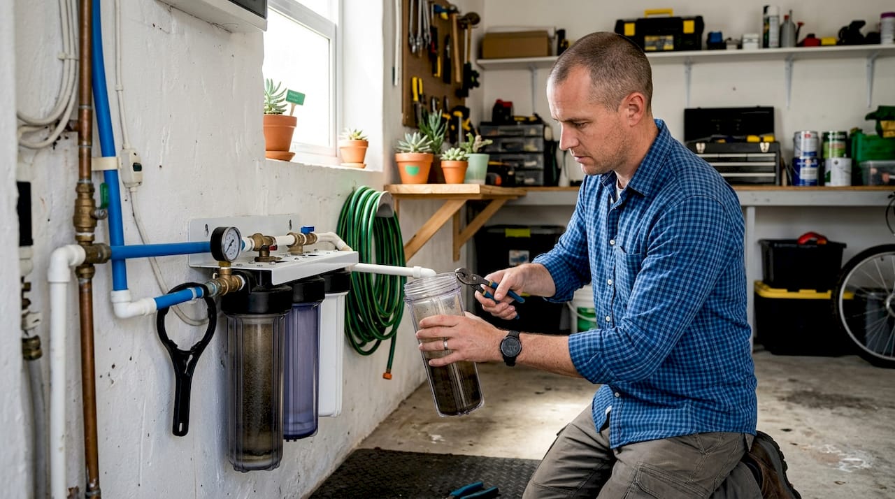 Inspecting water filter and flow meter in utility closet