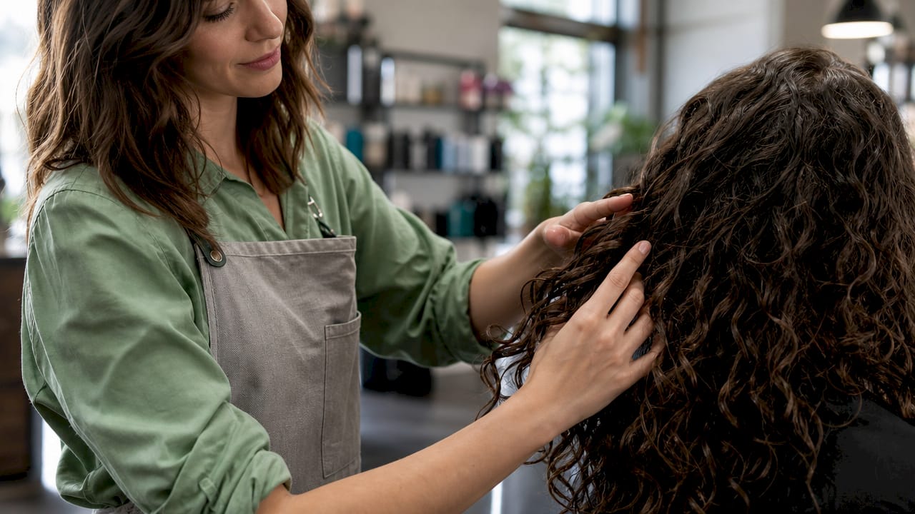 Hairstylist fingers showing hair cuticle texture