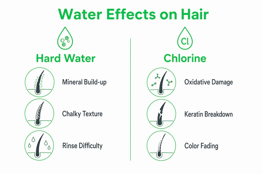 Infographic comparing hard water minerals and chlorine effects on hair