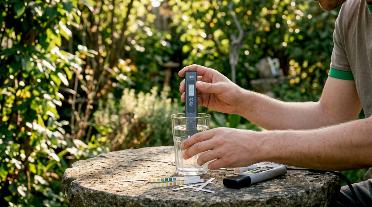 Hands holding electronic water purity meter