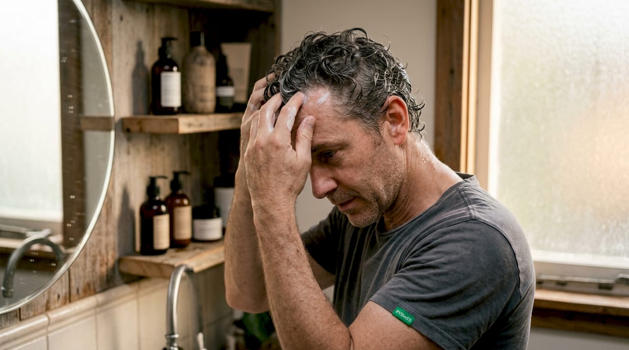Man applying clarifying shampoo on scalp