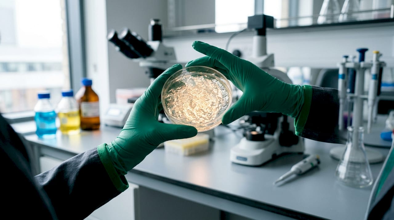 Scientist holding petri dish showing skin cell hydration