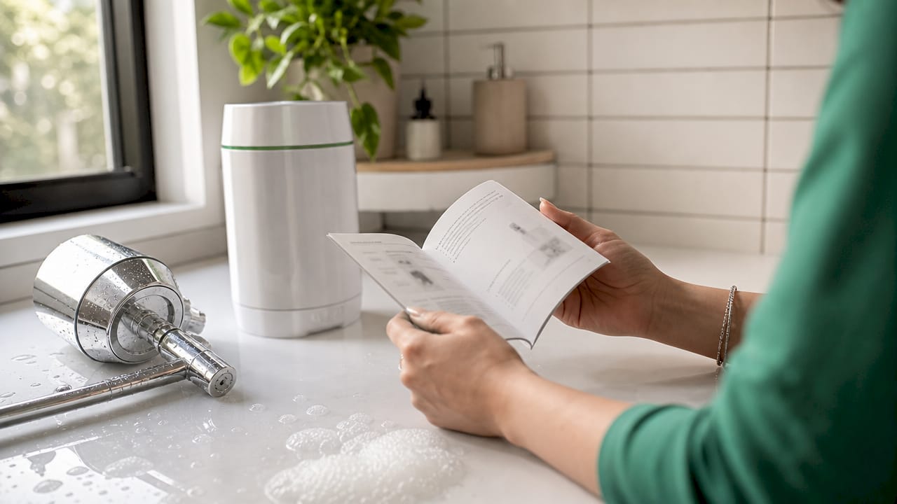 Shower filter and water softener devices on countertop