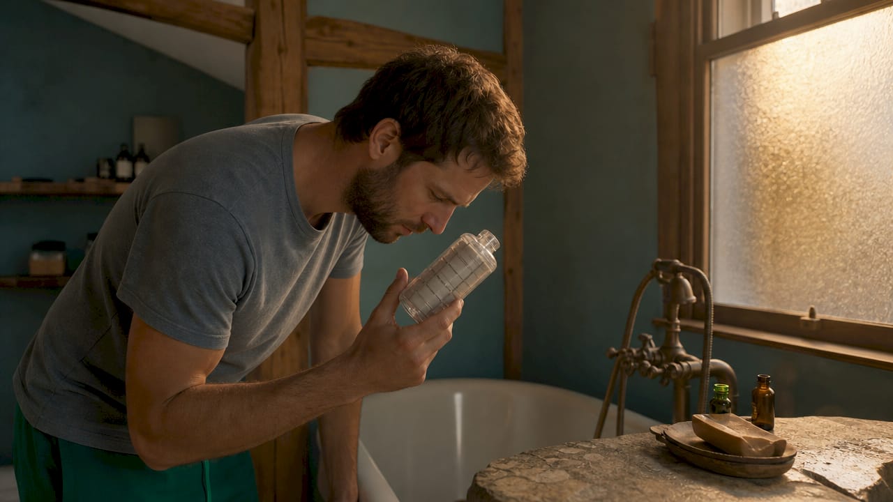 Hands inspecting shower filter cartridge over sink