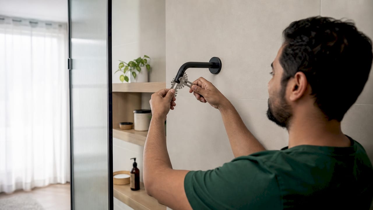 Hands measuring shower arm threading with gauge