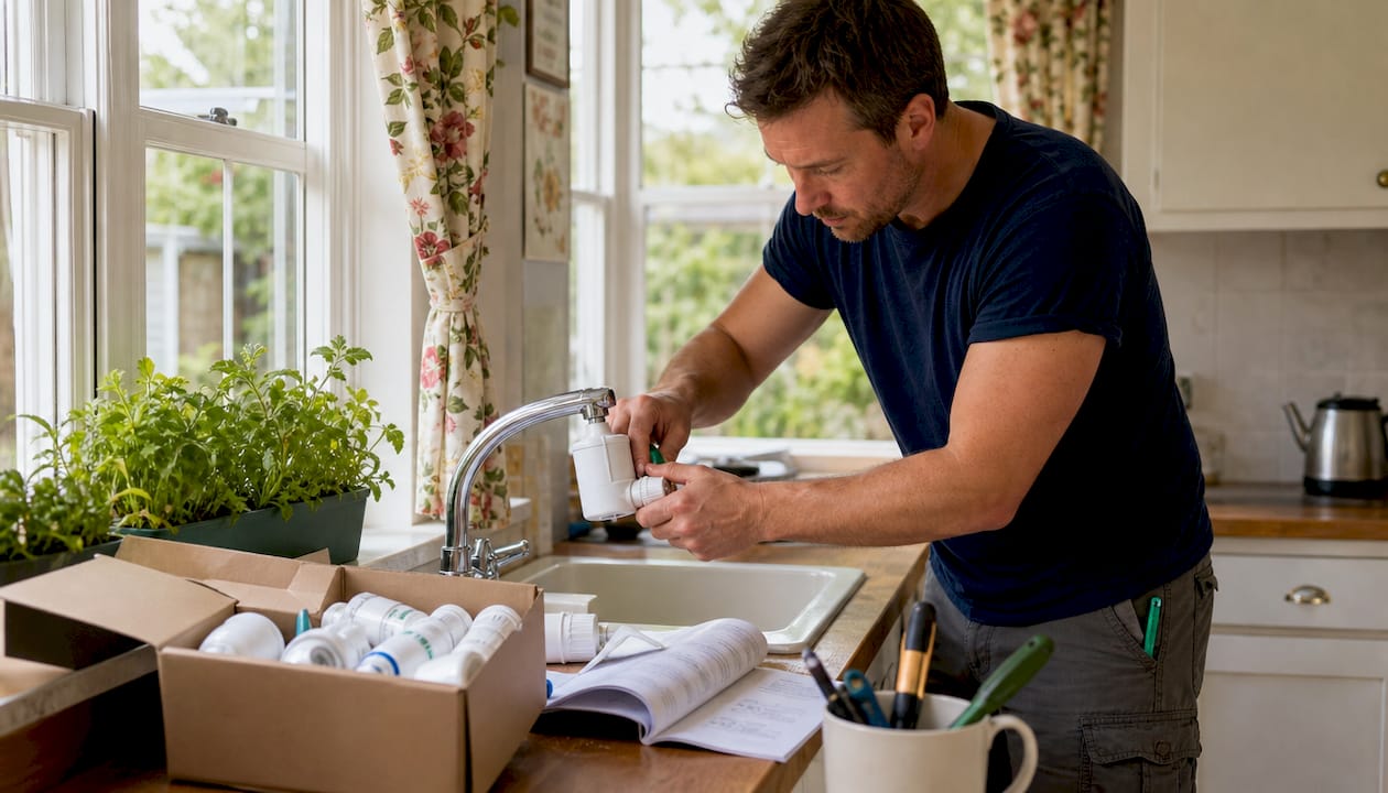 Side view of hands installing faucet water filter