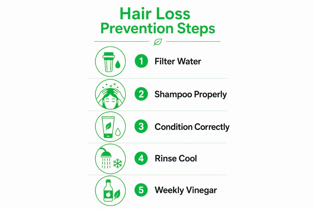 Infographic with five steps to prevent hair loss in shower