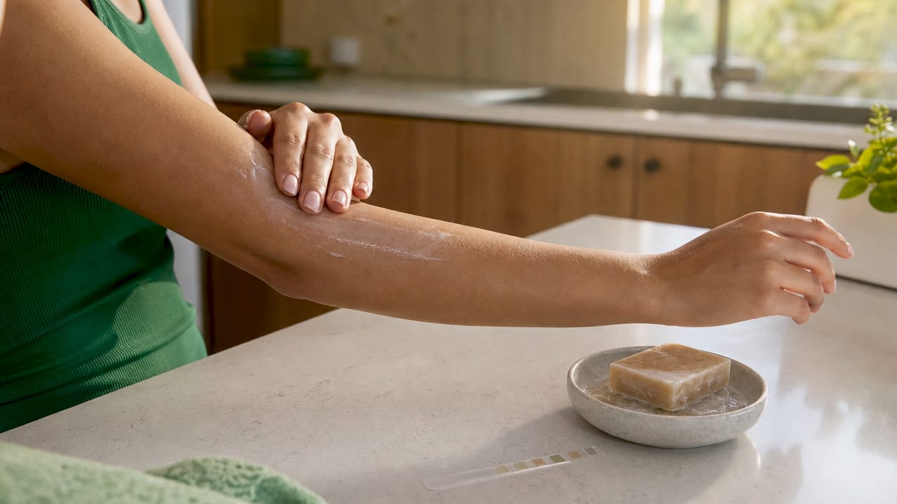 Hands applying lotion with soap residue nearby