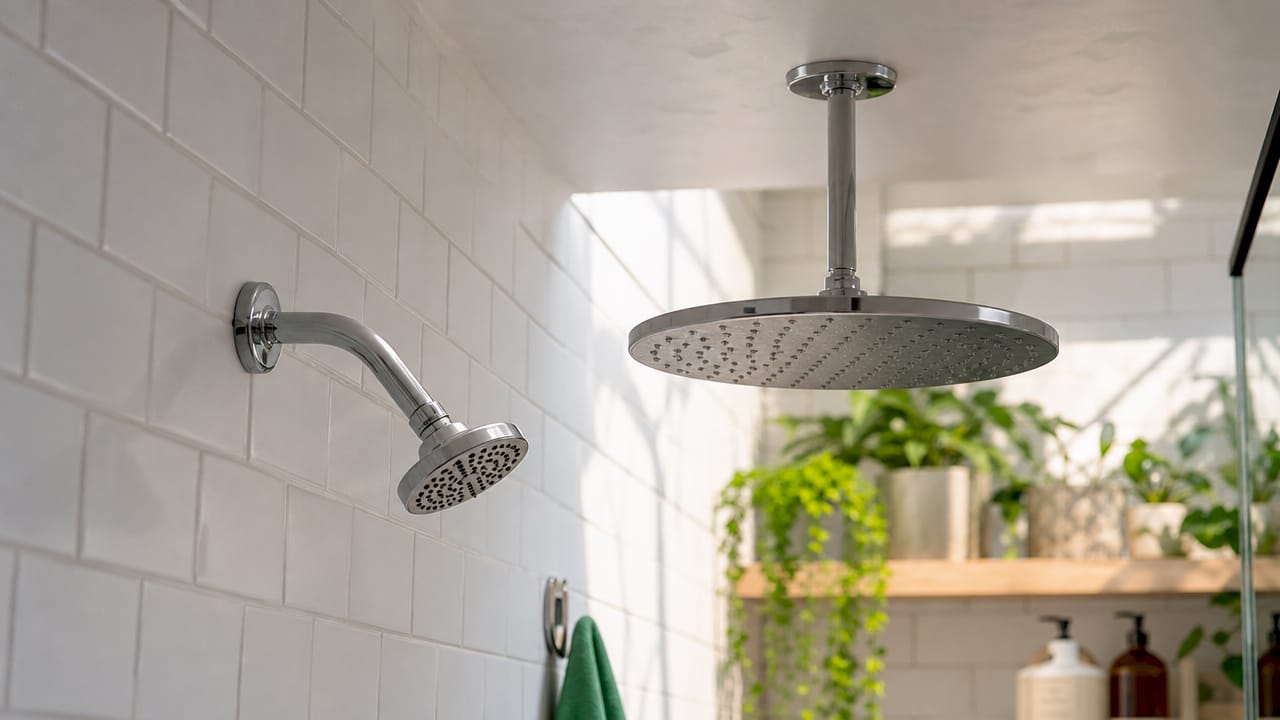 Side-by-side standard and rainfall showerheads comparison