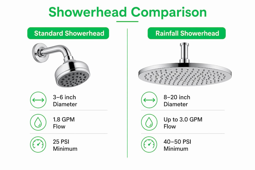 Infographic comparing standard and rainfall showerhead features