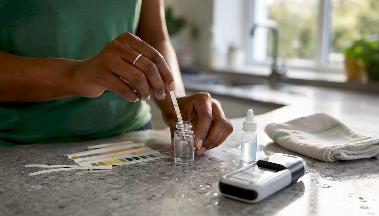 Hands testing chlorine in tap water with kit
