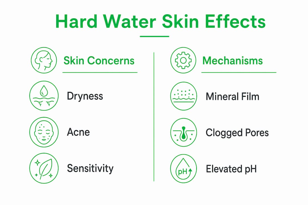 Infographic comparing skin concerns and mechanisms from hard water