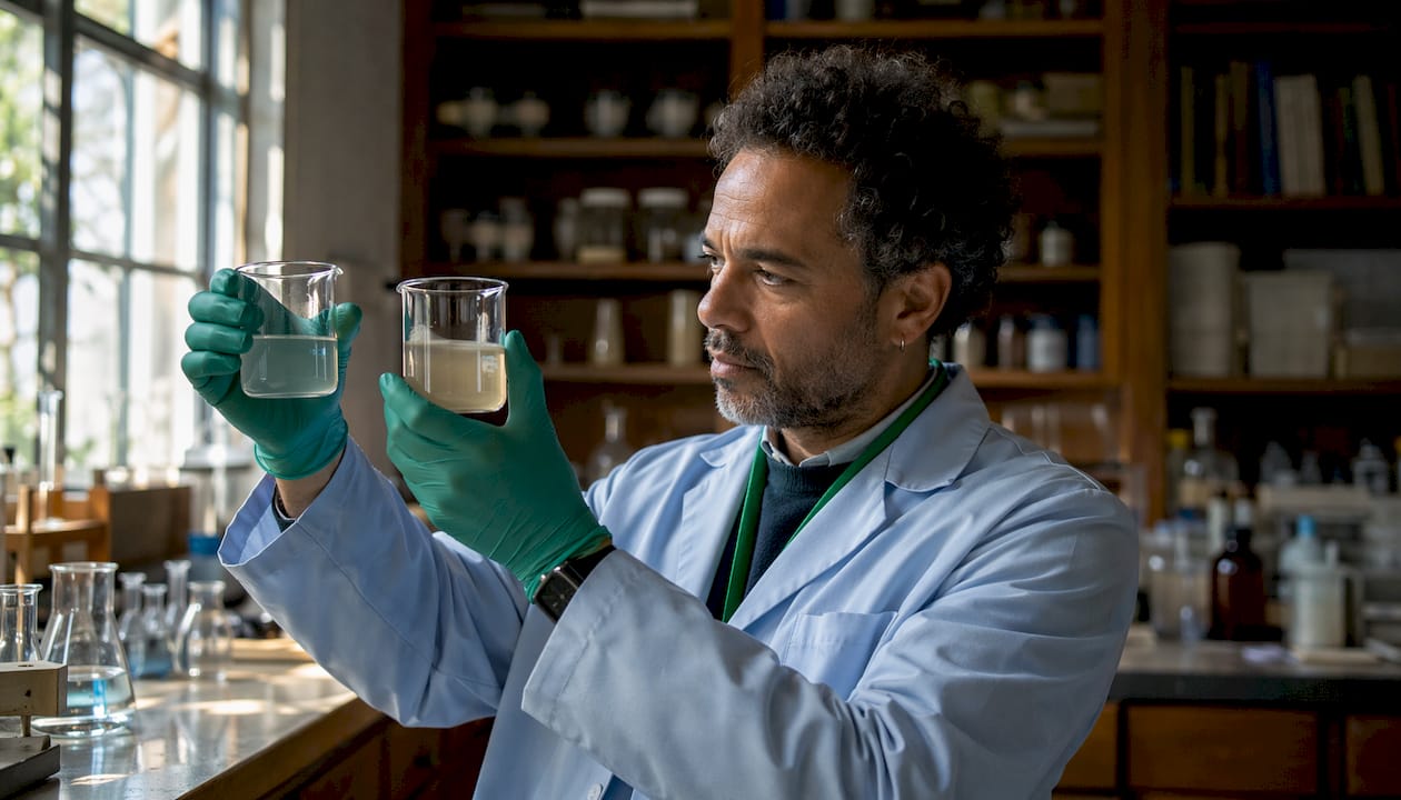 Chemist comparing water samples for skincare effects