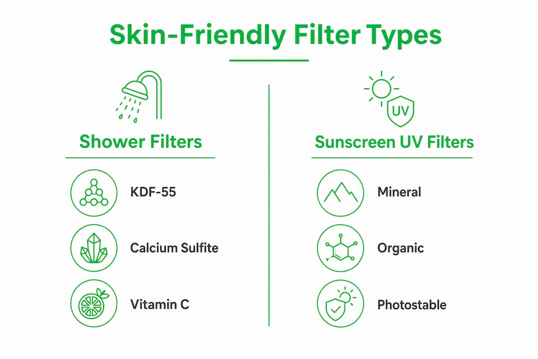 Infographic comparing shower and sunscreen skin-friendly filters