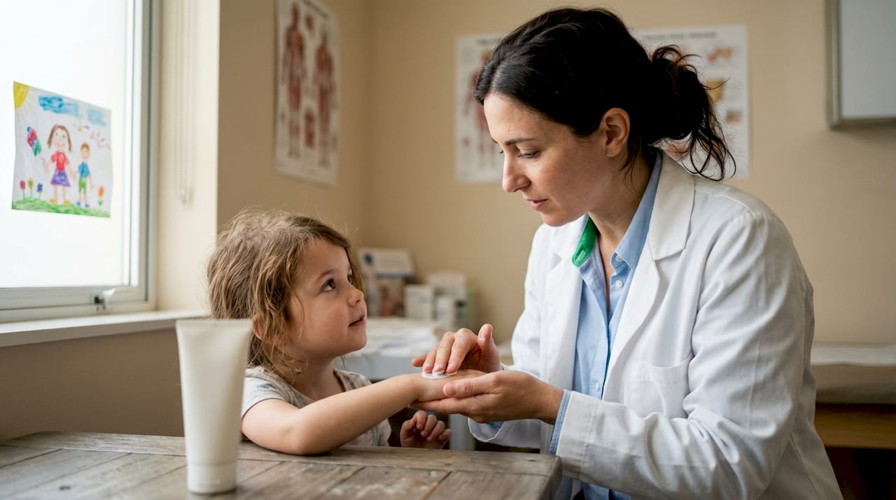 Dermatologist applying mineral sunscreen on child’s hand