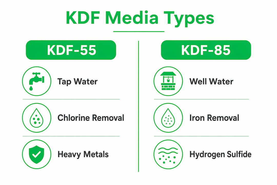 Infographic comparing KDF-55 and KDF-85 filtration media