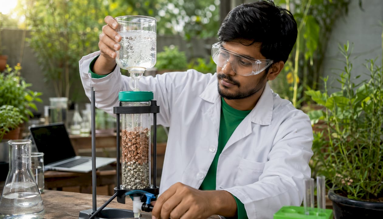 Scientist demonstrating KDF water filtration reaction