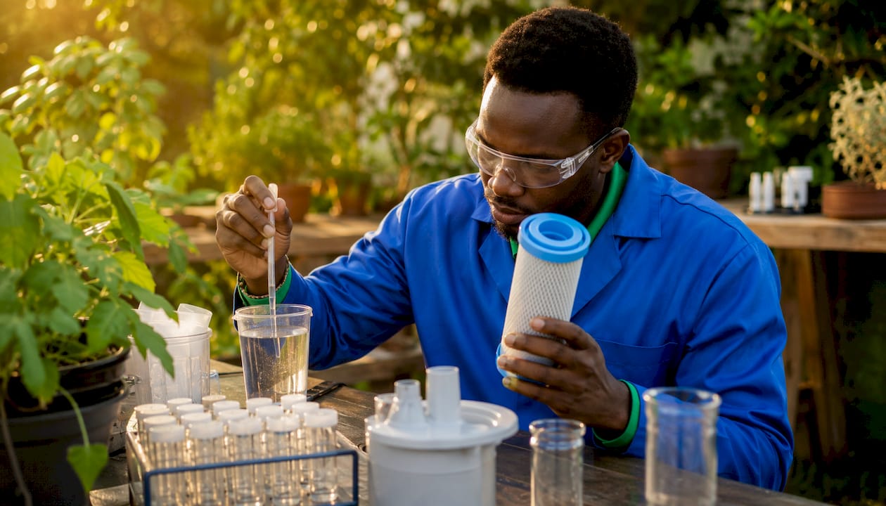 Scientist examining water filter efficiency in lab