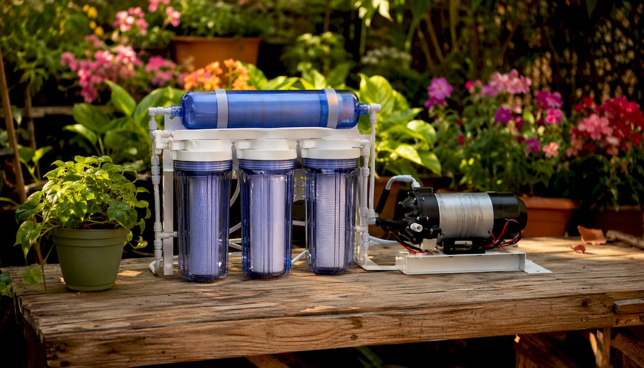 Tankless water filter system components close-up