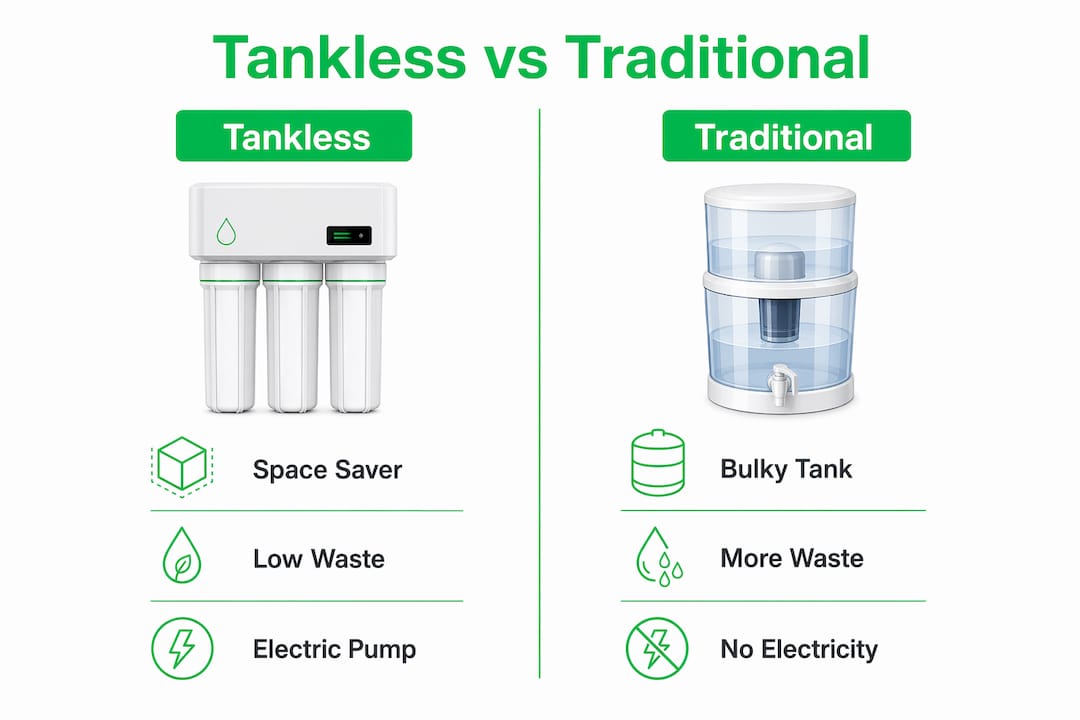 Infographic comparing tankless and traditional water filters