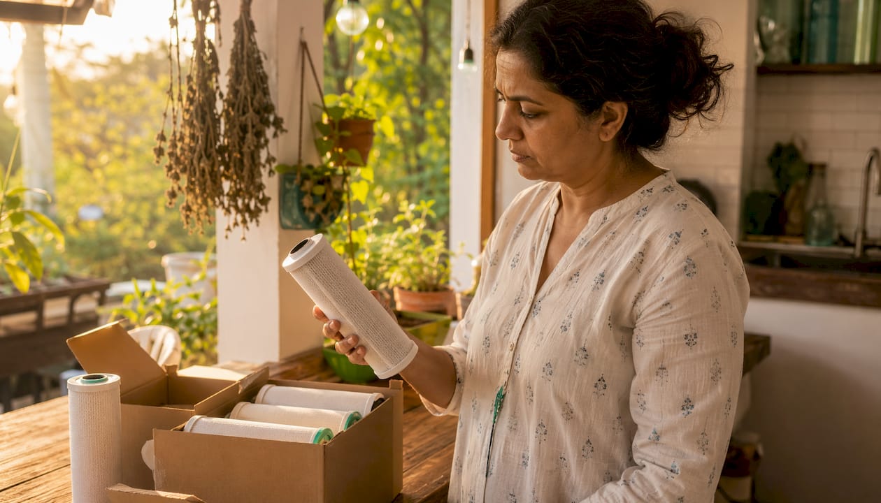Woman choosing water filter cartridge in utility room