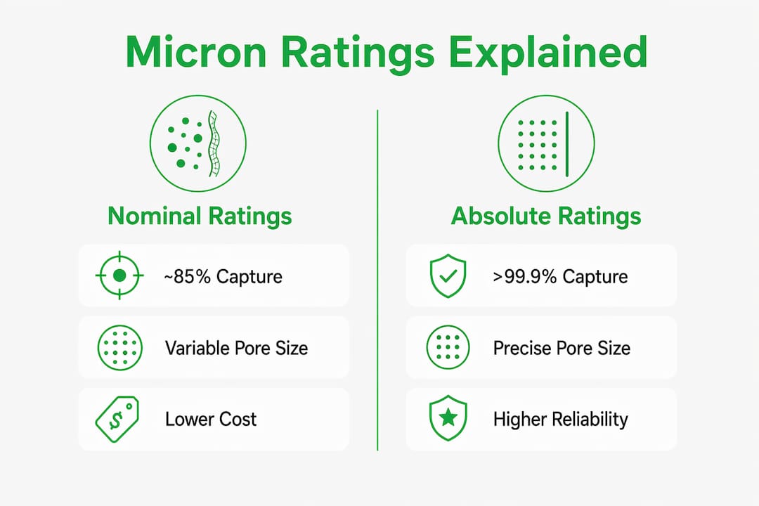 Infographic comparing nominal vs absolute micron filter ratings