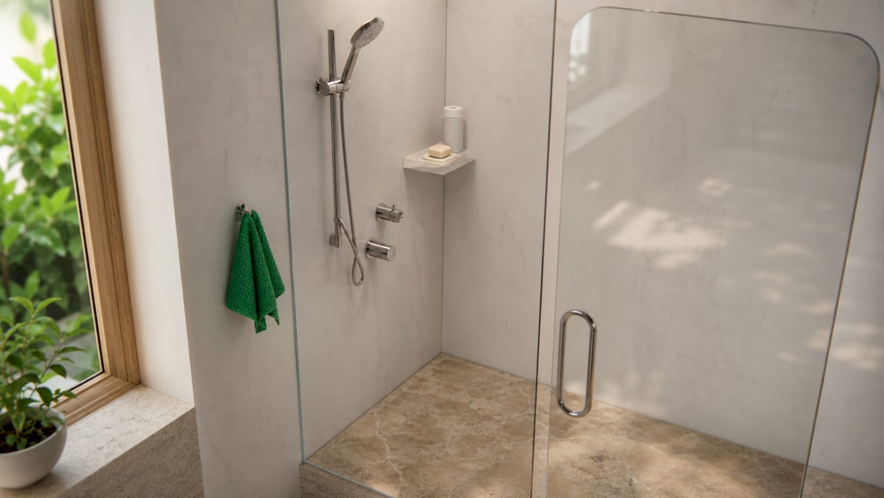 Close-up of porcelain tiles and glass shower door in allergy-friendly bathroom
