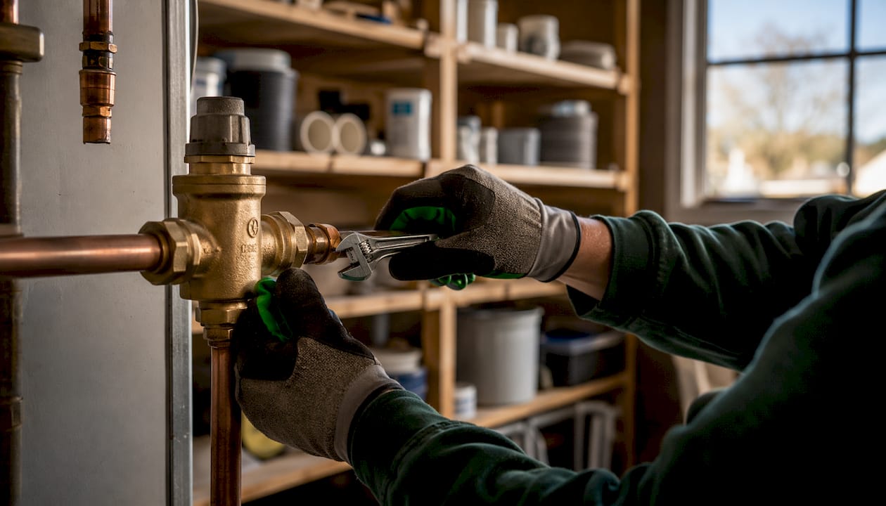 Hands installing pressure-reducing valve on pipe