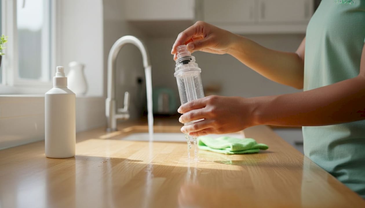Close-up of hands rinsing shower filter cartridge