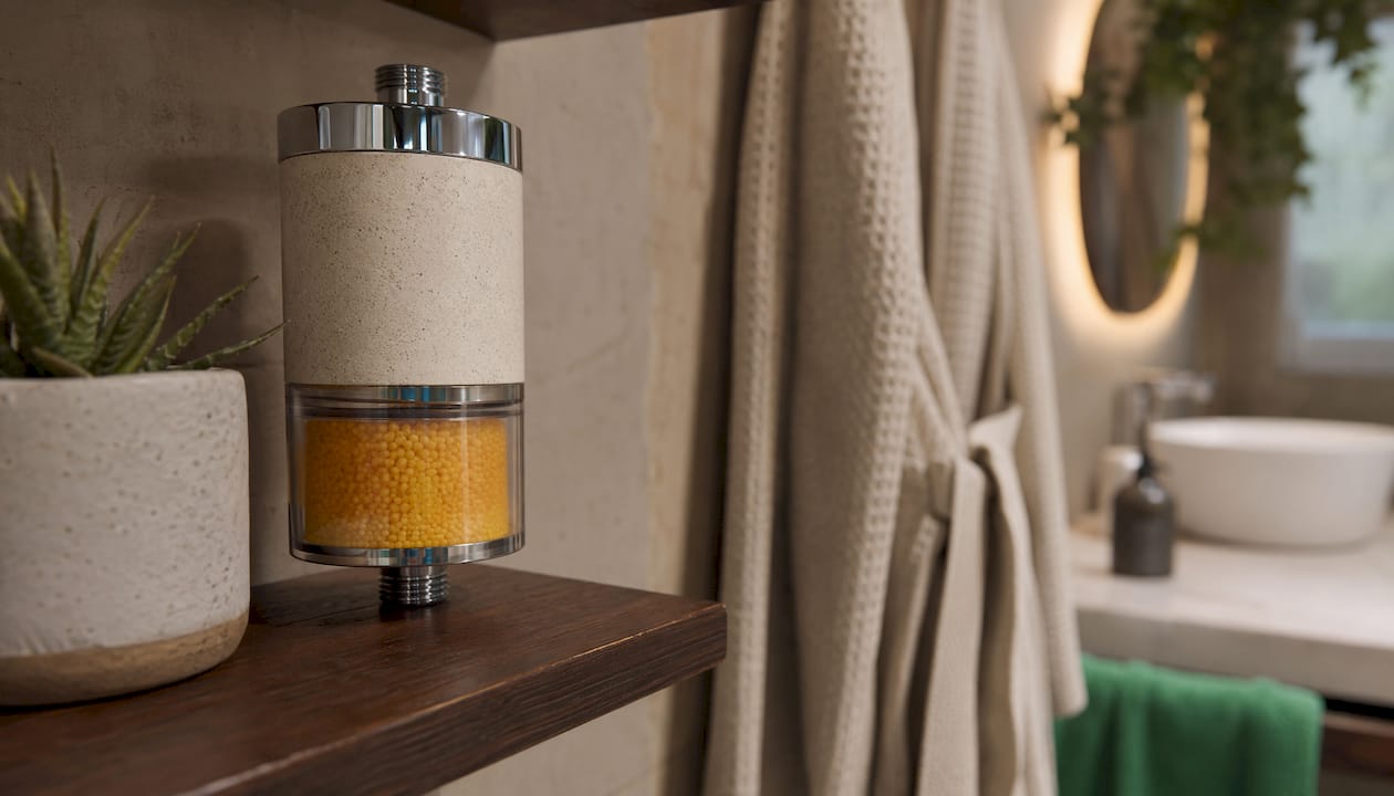 Close-up of vitamin C and ceramic shower filter on counter