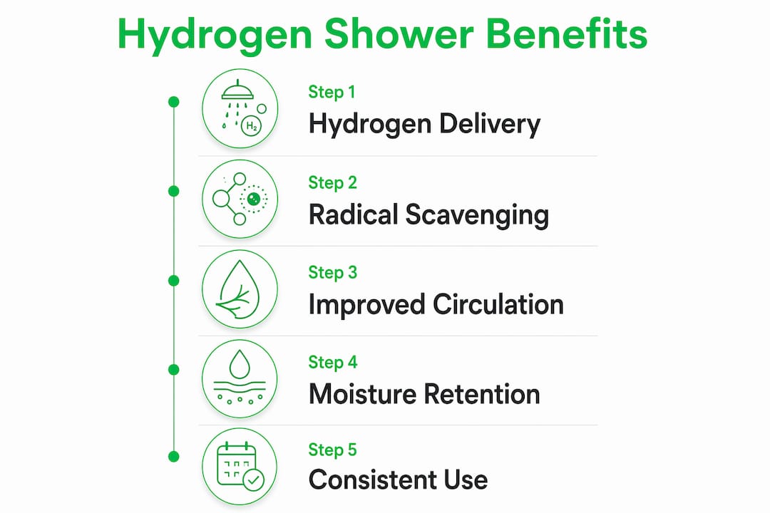Infographic illustrating five key benefits of hydrogen in shower water