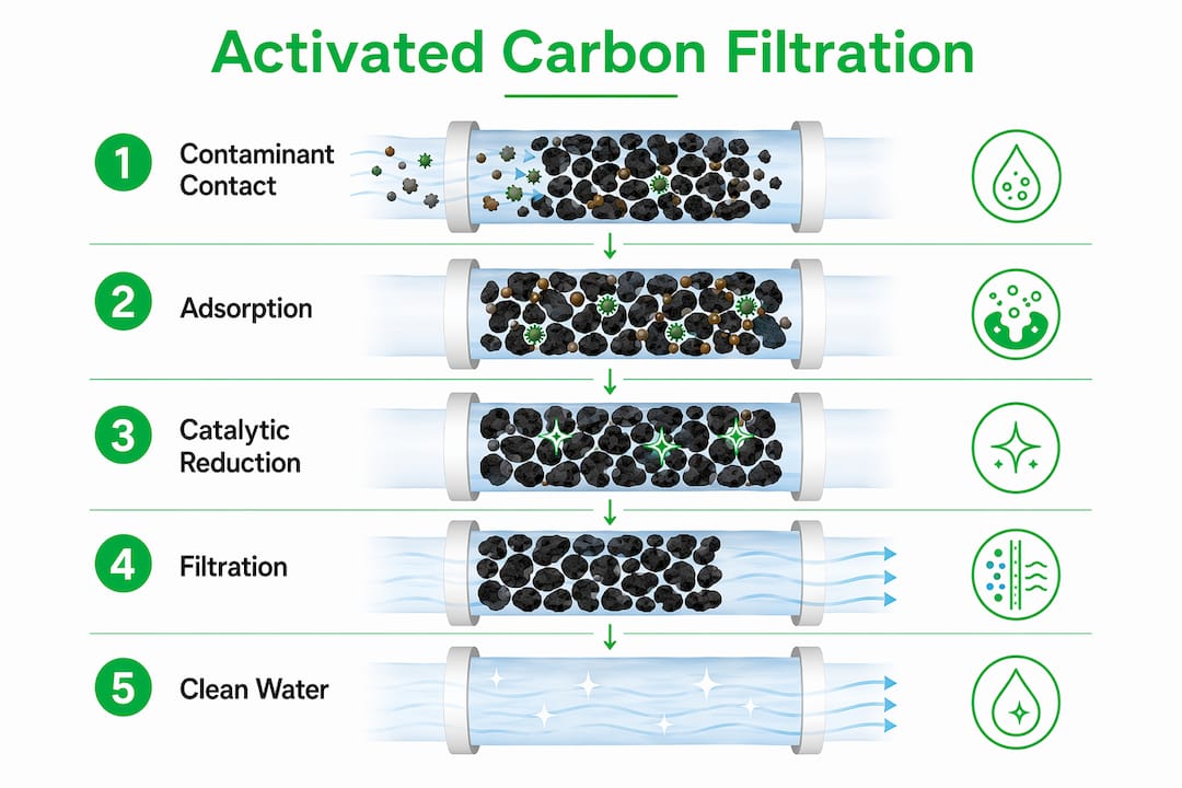 Infographic showing activated carbon filtration steps