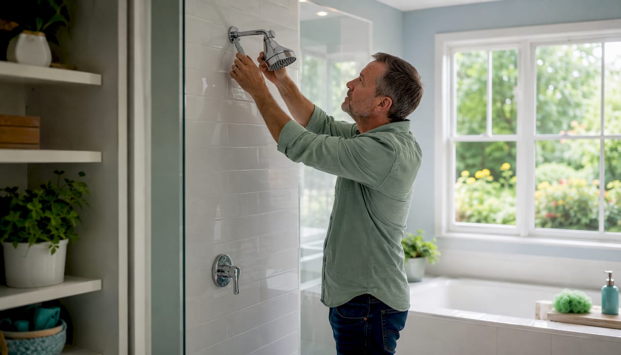 Man installing activated carbon showerhead filter