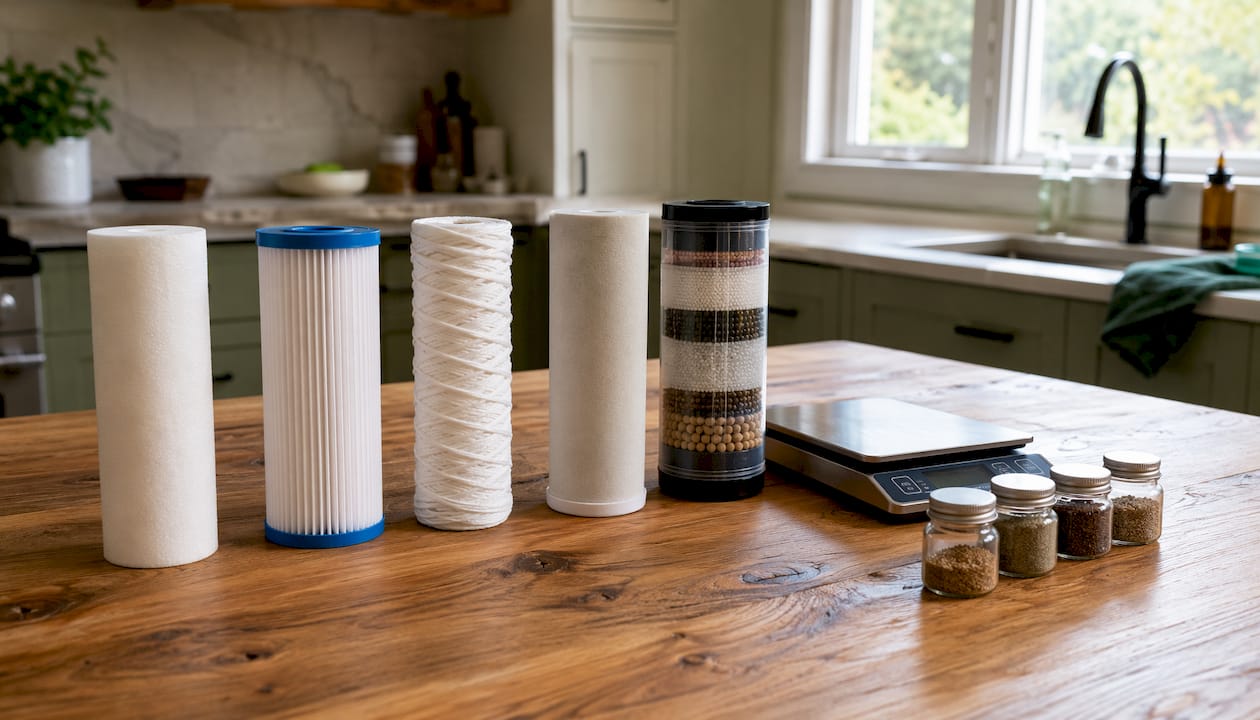 Different sediment filter media types on workbench