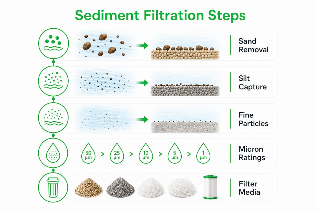 Infographic illustrating sediment filtration steps and particle sizes