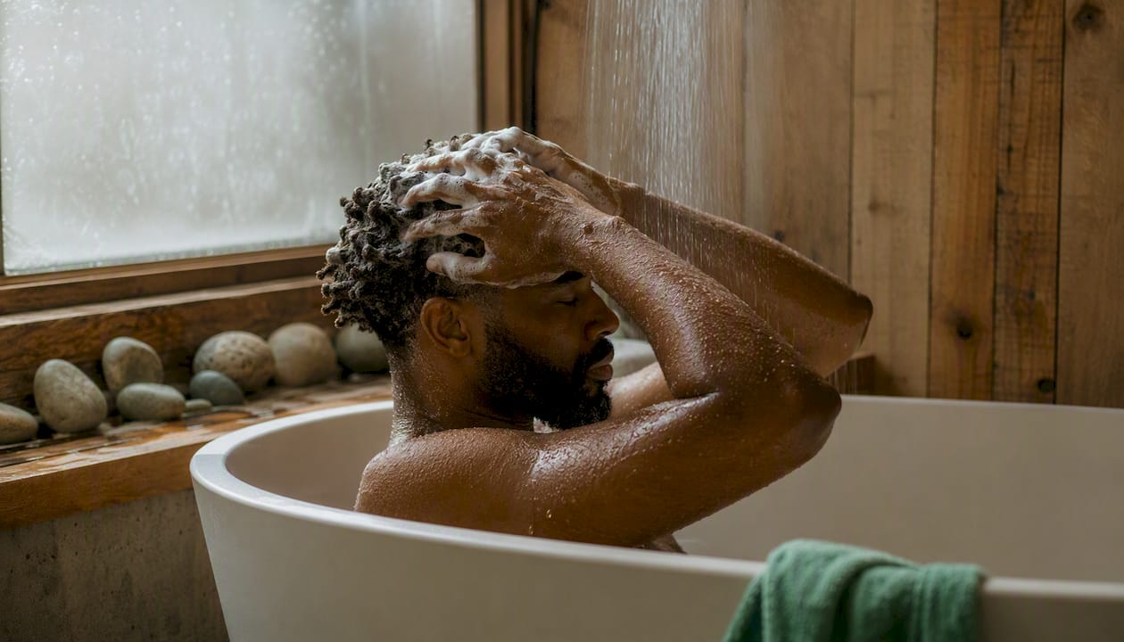 Man massaging shampoo during shower routine