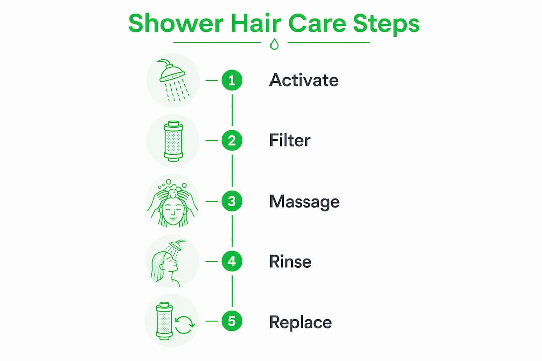 Infographic showing shower hair care steps with Vitamin C filter
