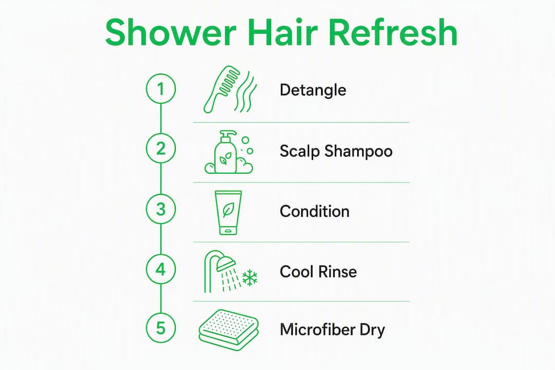 Infographic outlining five quick hair refresh steps in the shower