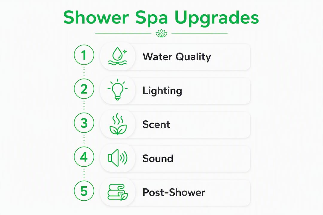 Infographic showing key shower ambiance upgrades in a step flow